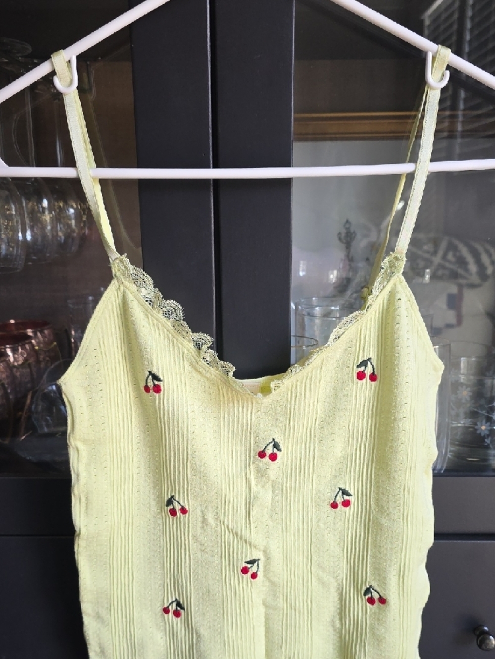 LyreBird Embroidered Pointelle Pale Yellow Ribbed Cami with Cherry Motif - Picture 4 of 6